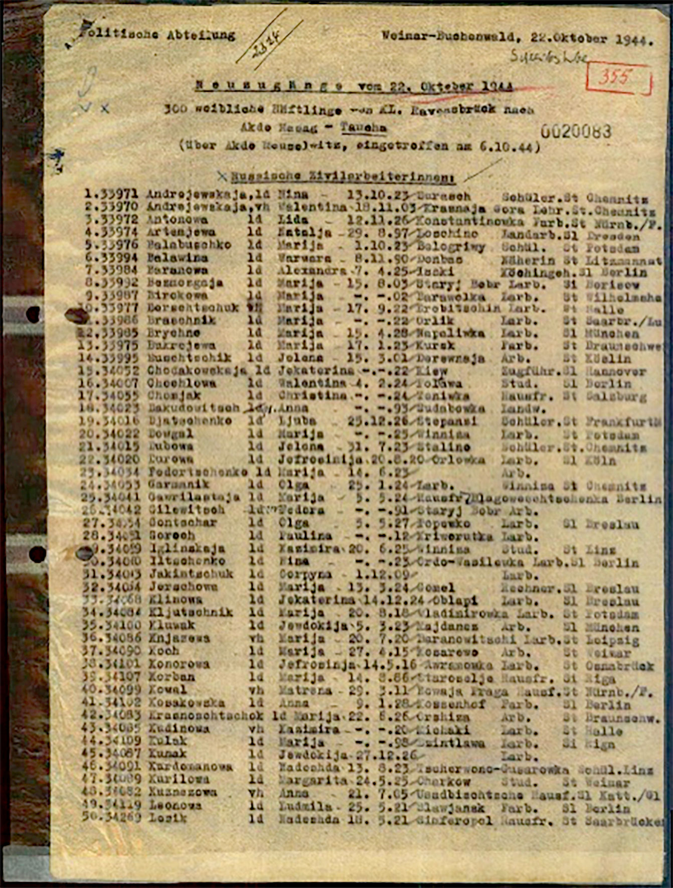 „Transportliste“ von 300 weiblichen Häftlingen ins KZ-Außenlager Taucha im Oktober 1944